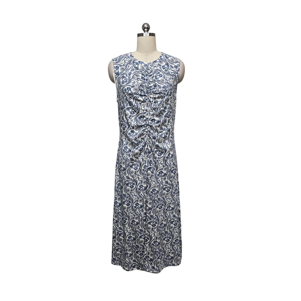 Veronica Beard Blue White Paisley Ruched Sleeveless Lyocell Midi Dress Sz Large